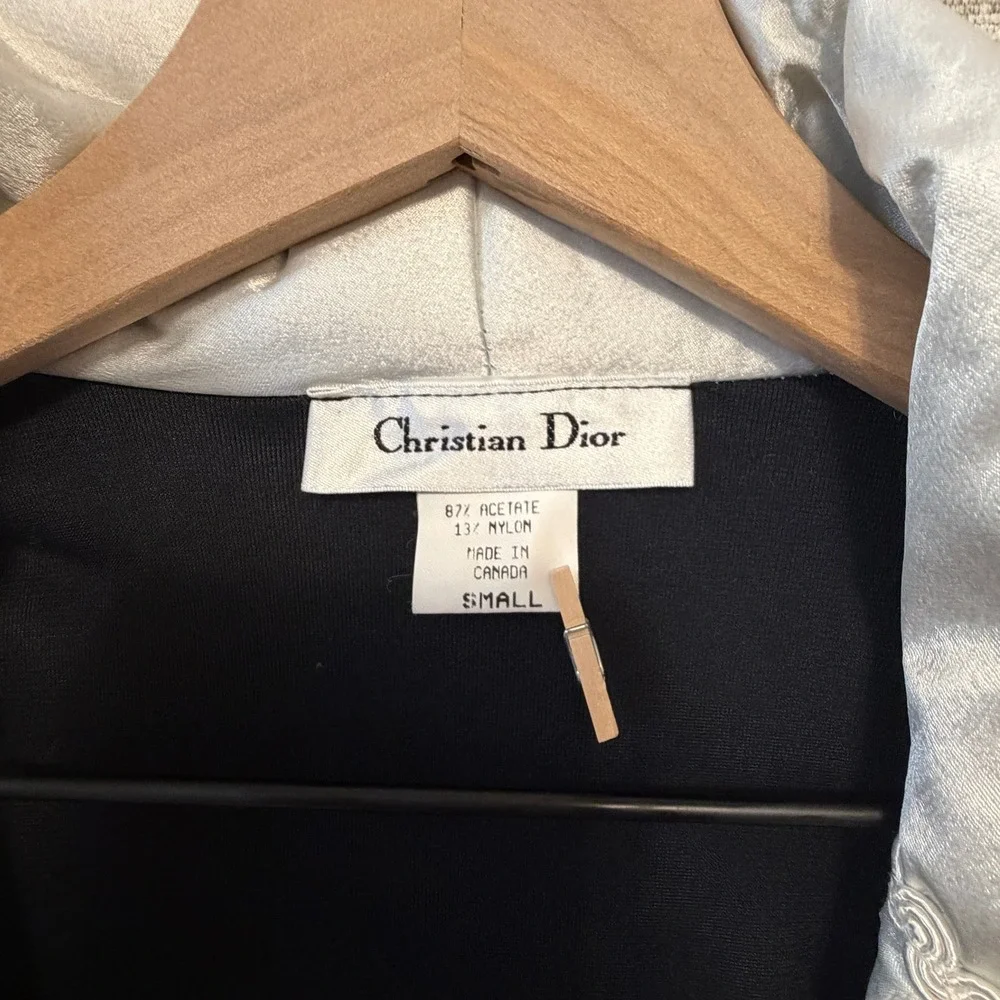 CHRISTIAN DIOR Robe Women's Small Velvet Ivory Satin Trim Embroidered Long Black